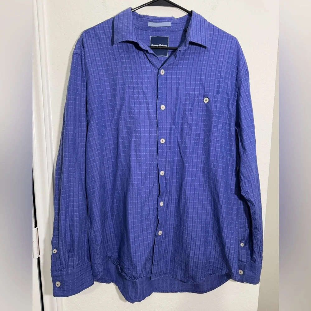 Tommy Bahama Blue Silk Cross Stitch Long Sleeve Button Down Shirt Womens Large